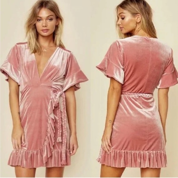Misa- “Desma” Light Pink Velvet Ruffle Mini Dress with Braided Waist Tie - Picture 2 of 7